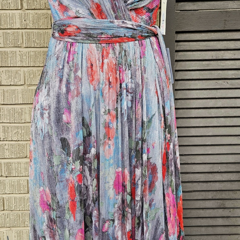 Eliza J Metallic Floral Pleated Cap Sleeve Dress Size 10 - Picture 6 of 10